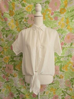 Linen Blend White Button Up Tie Front Blouse
